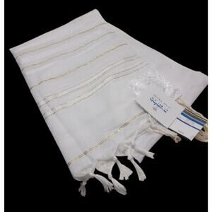 New Talitnia Acrylic Tallit Prayer Shawl White/Gold Stripes Kosher Israel Kosher